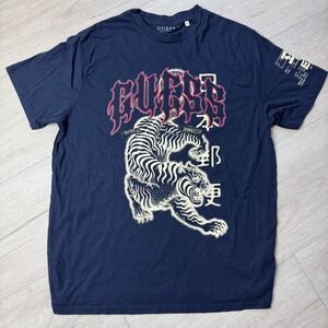 Vintage Guess Mens T Shirt Large Navy Tiger Graphic Print Short Sleeve Cotton